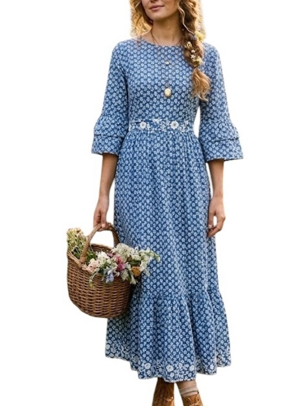Madison Mathews  Blue Floral Cottagecore Maxi Dress